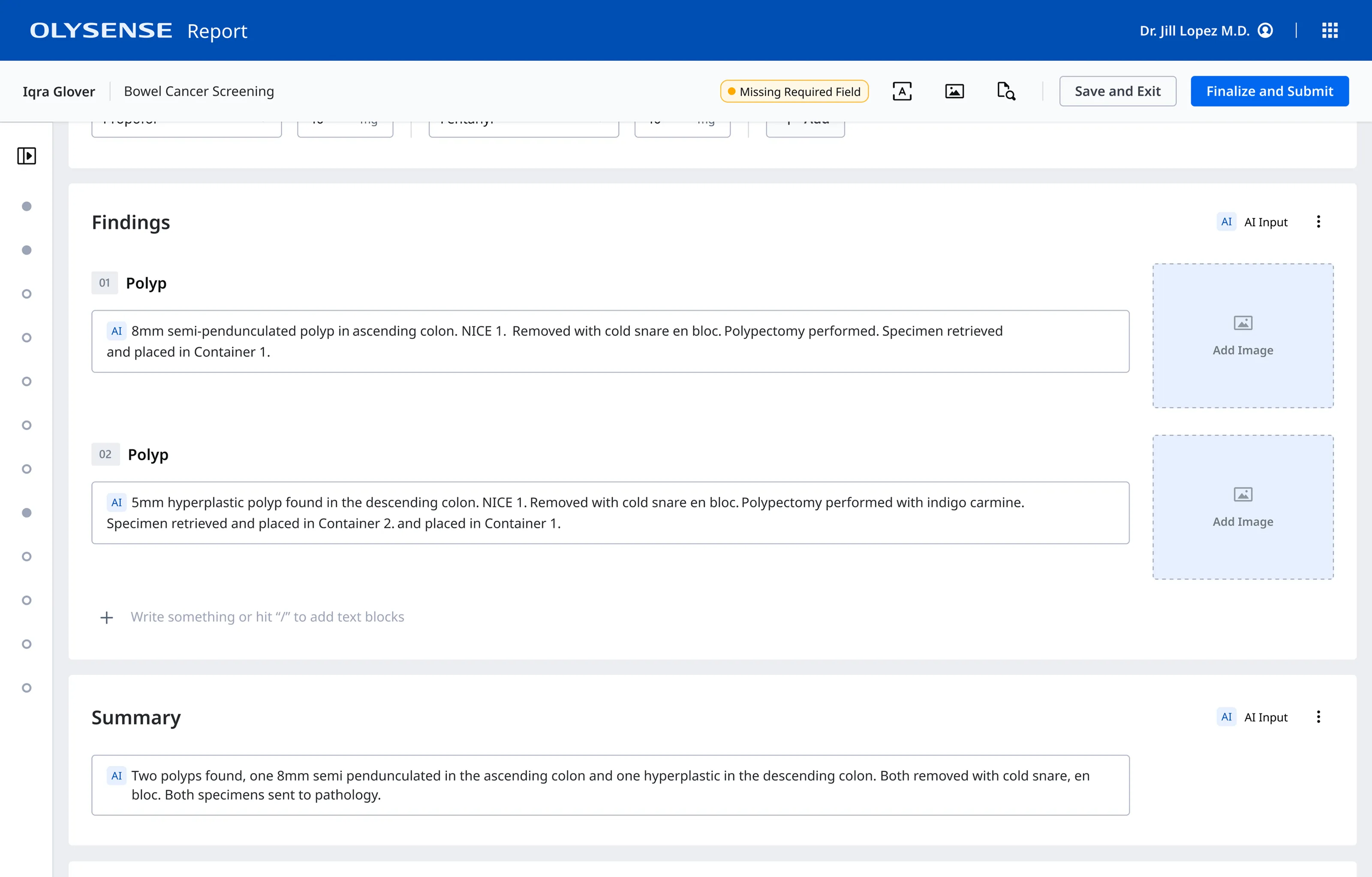 A screenshot of the report writing experience with AI tags on certain fields