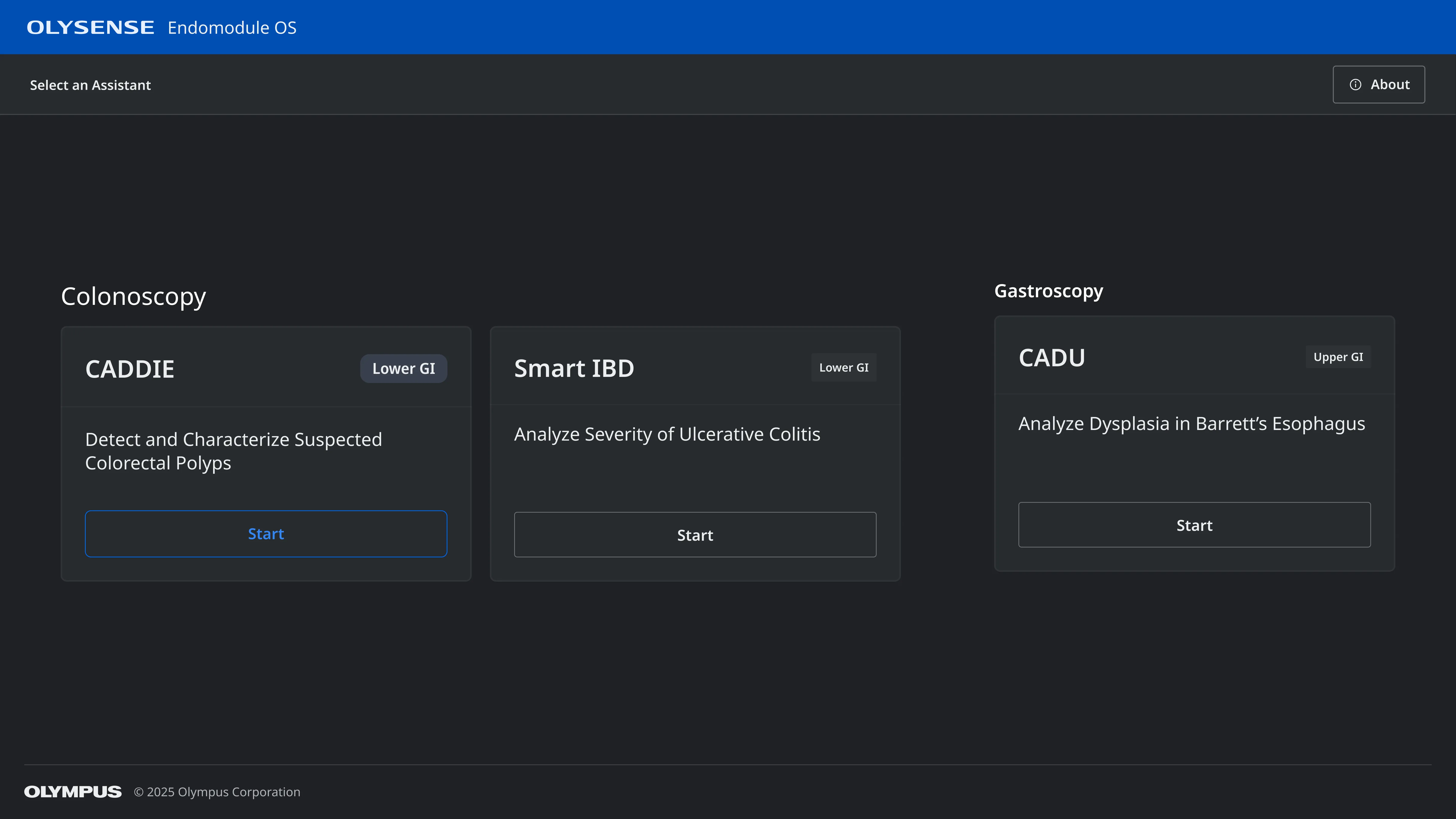 A screenshot of the endomodule homescreen, with cards to select which module to run