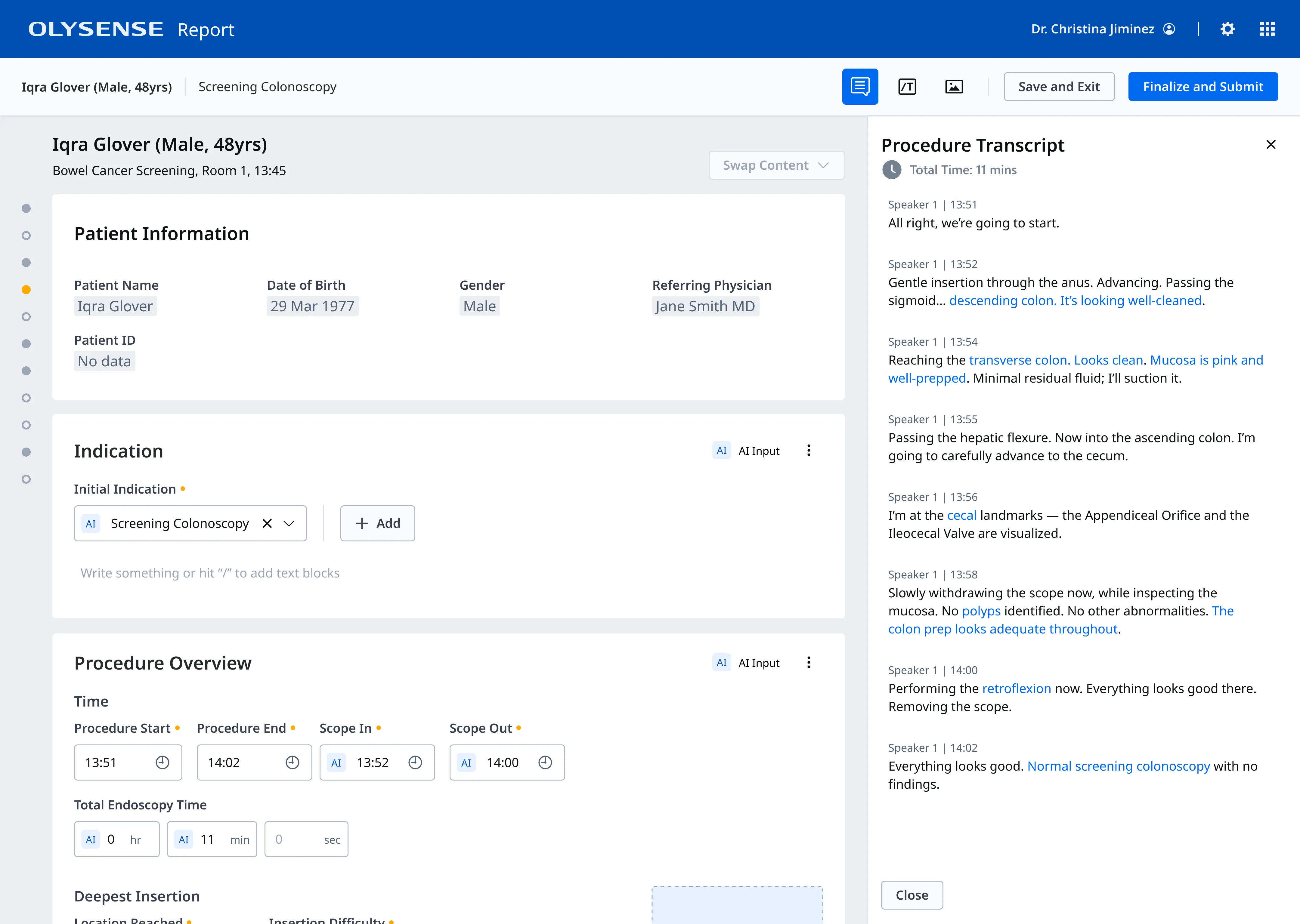 Voice transcript in medial report