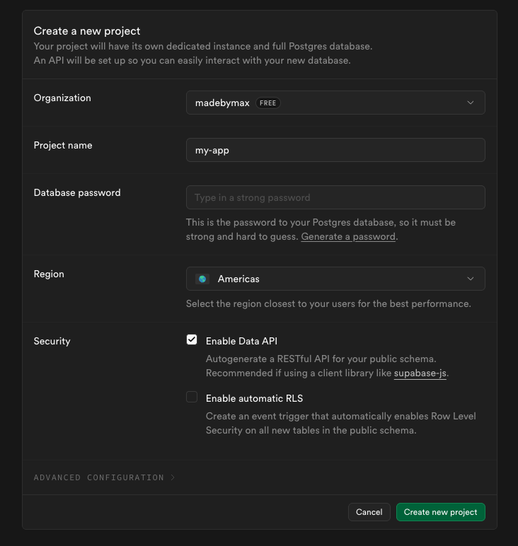 a screenshot of the supabase create new project page