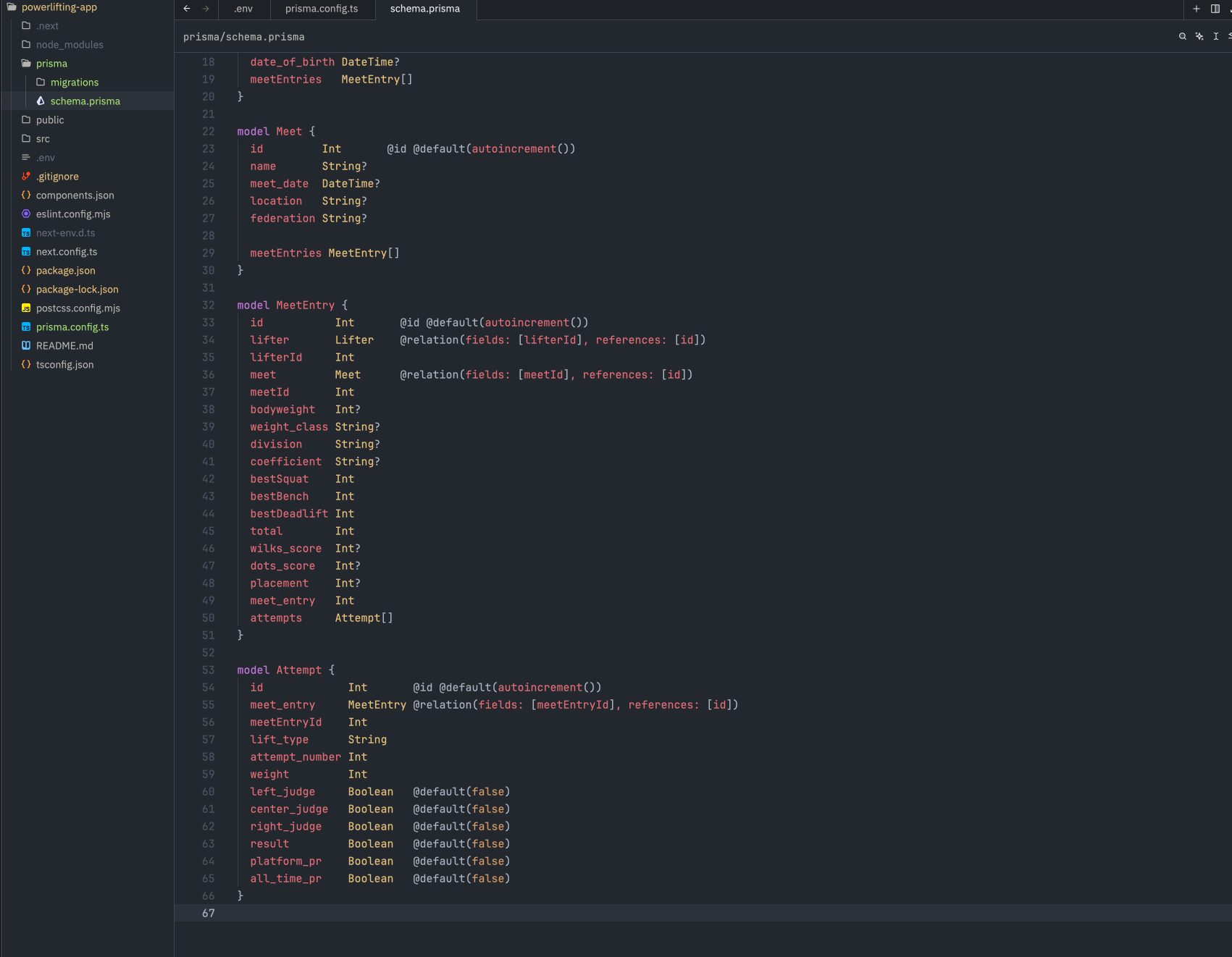 a screenshot of the schema.prisma file with the schema added